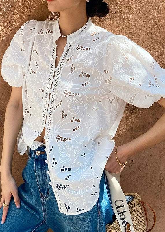 White V Neck Embroidered Hollow Out Shirt Summer