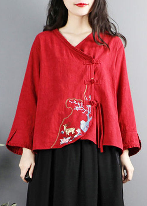 Red Embroidered Button Cotton Shirt Long Sleeve