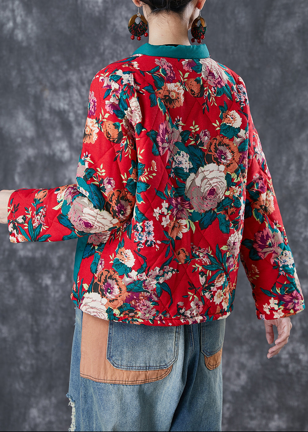Red Print Patchwork Fine Cotton Filled Jacket Pockets in Winter