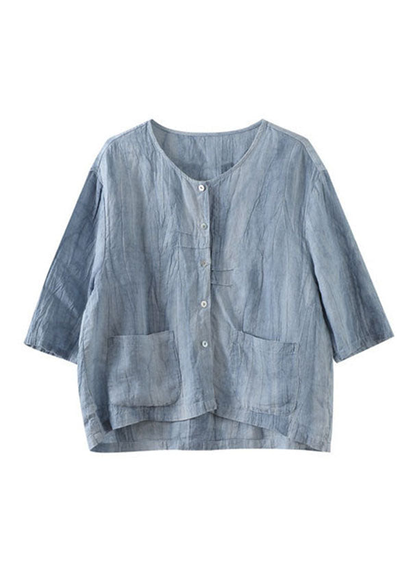 Blue O-neck Button Linen Shirt Top Bracelet Sleeve