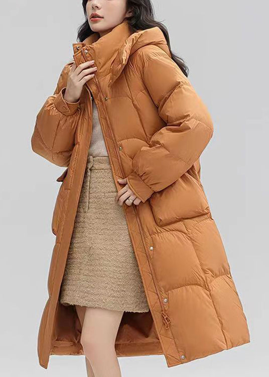Orange Hooded Pockets Patchwork Duck Down Long Coat Winter