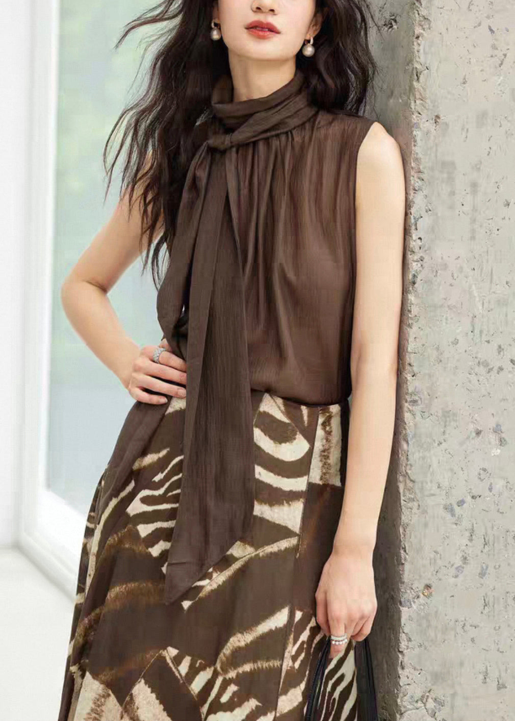 New Coffee Turtleneck Lace Up Cotton Top Sleeveless