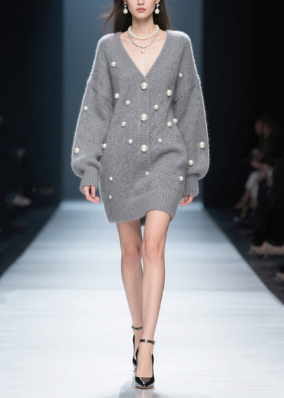 Cozy Grey V Neck Fine Pearls Thick Knit Dress Winter