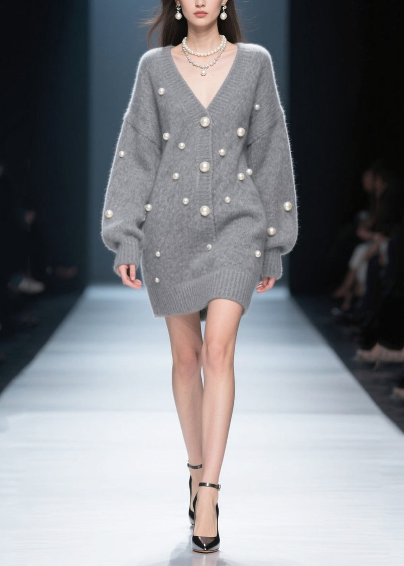 Cozy Grey V Neck Fine Pearls Thick Knit Dress Winter