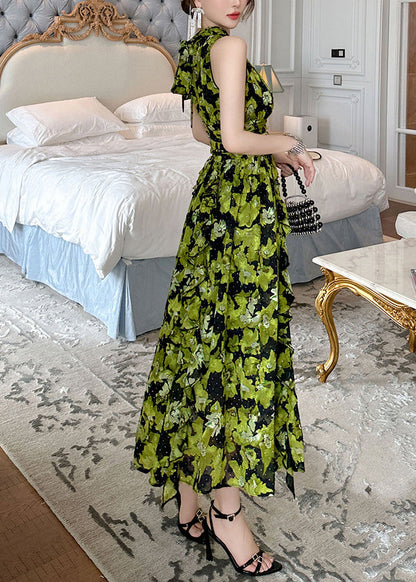 Green Print High Waist Chiffon Holiday Long Dress Summer