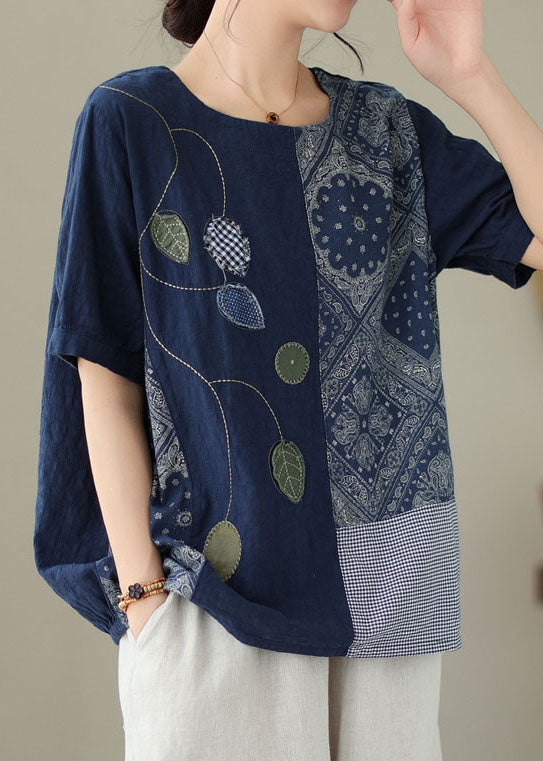 Navy Embroideried Print Patchwork Cotton T Shirt Tops Summer