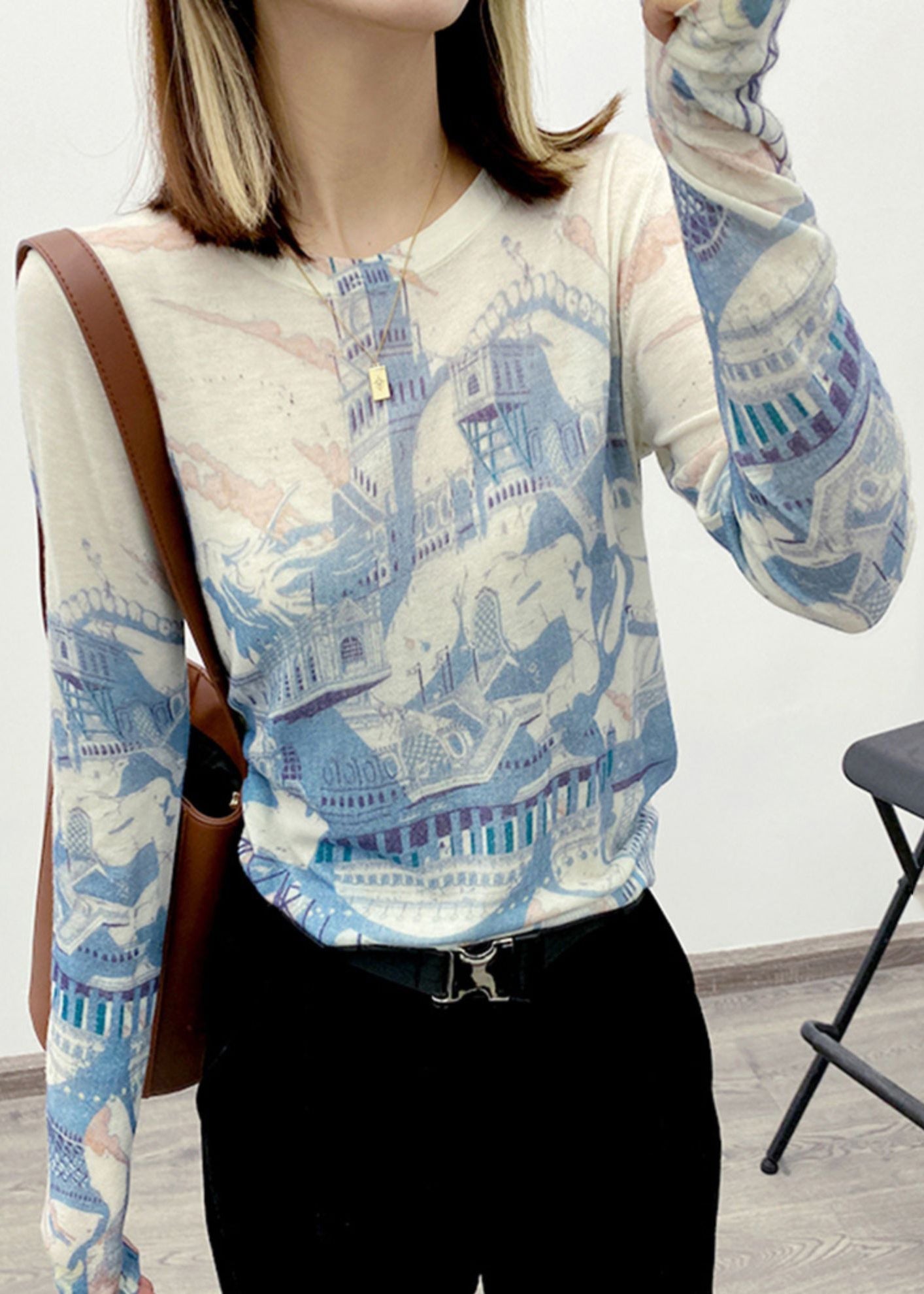 Blue O Neck Print Patchwork Knitting Cotton Top Long Sleeve