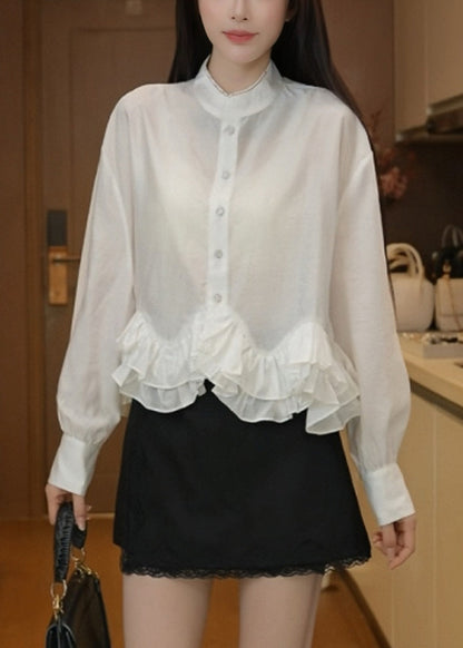 White Stand Collar Ruffled Cotton Blouses Fall