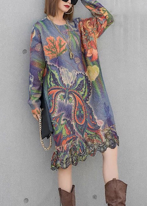 Loose Belle Print Patchwork Mink Velour Knit Dresses Spring