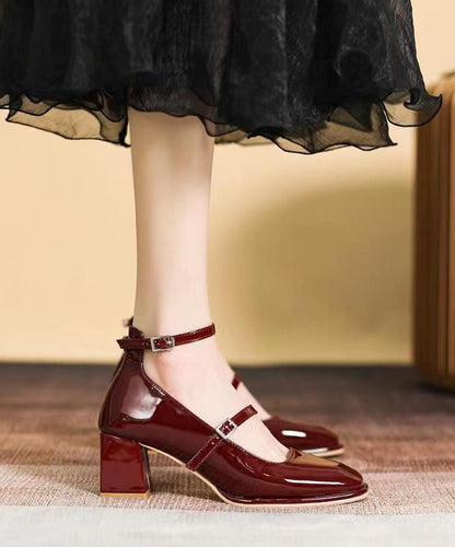 Buckle Strap Splicing Chunky High Heels Mulberry Faux Leather