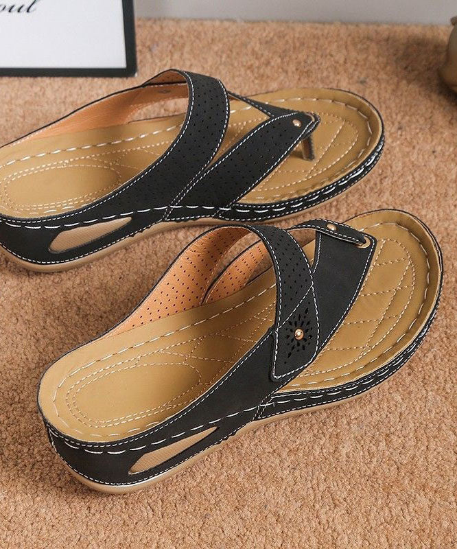 Unique Black Splicing Wedge Thong Sandals Faux Leather