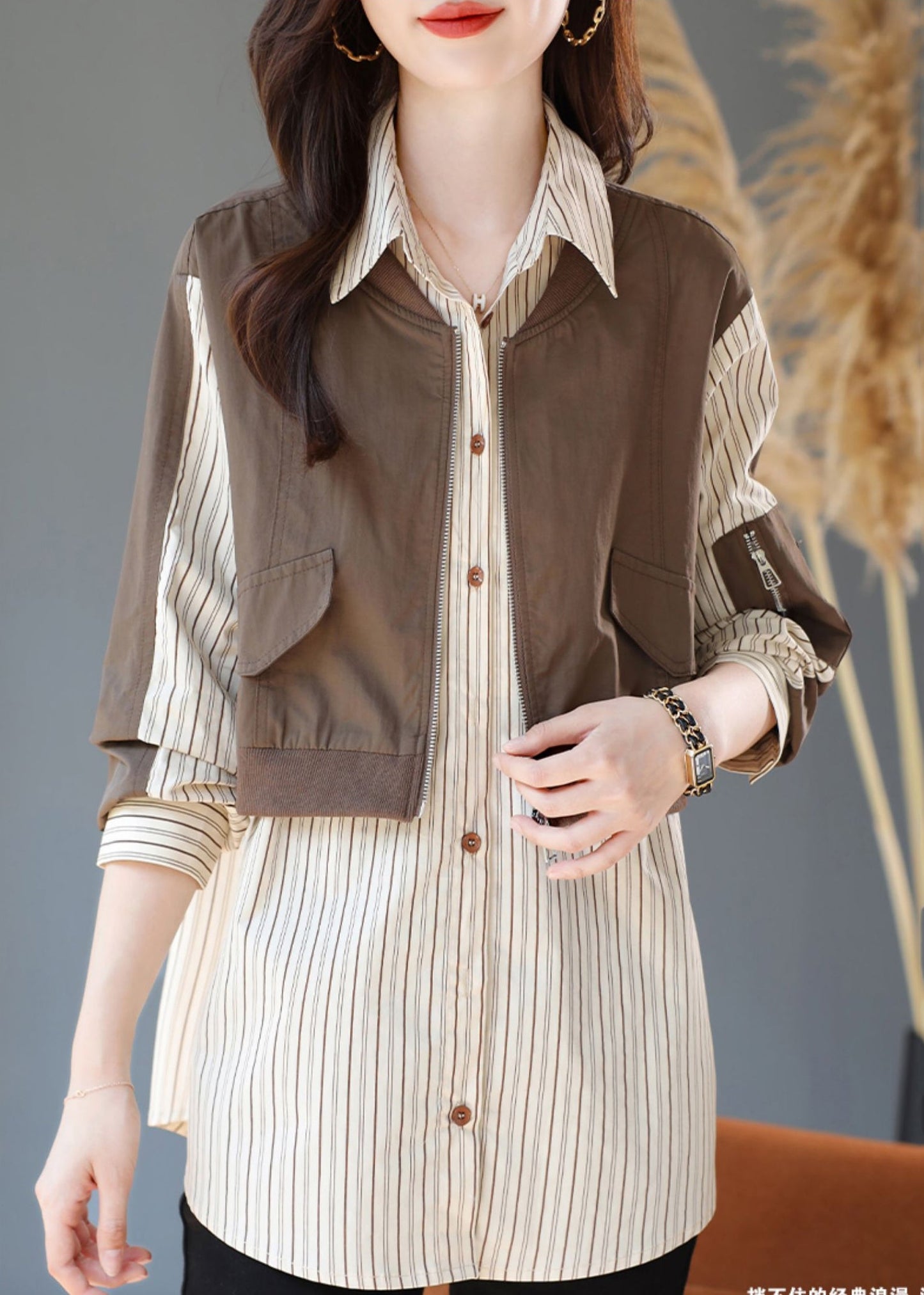 Khaki Striped Patchwork Cotton Fake Two Piece Shirt Top Spring