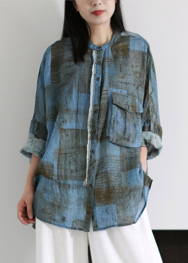 Loose Blue O-neck Print Button Pockets Linen Tops Long Sleeve