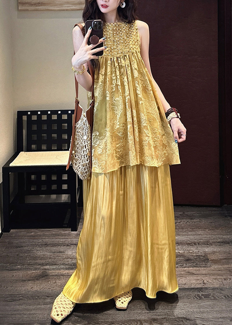Yellow False Two Pieces Patchwork Silk Dress O Neck Summer