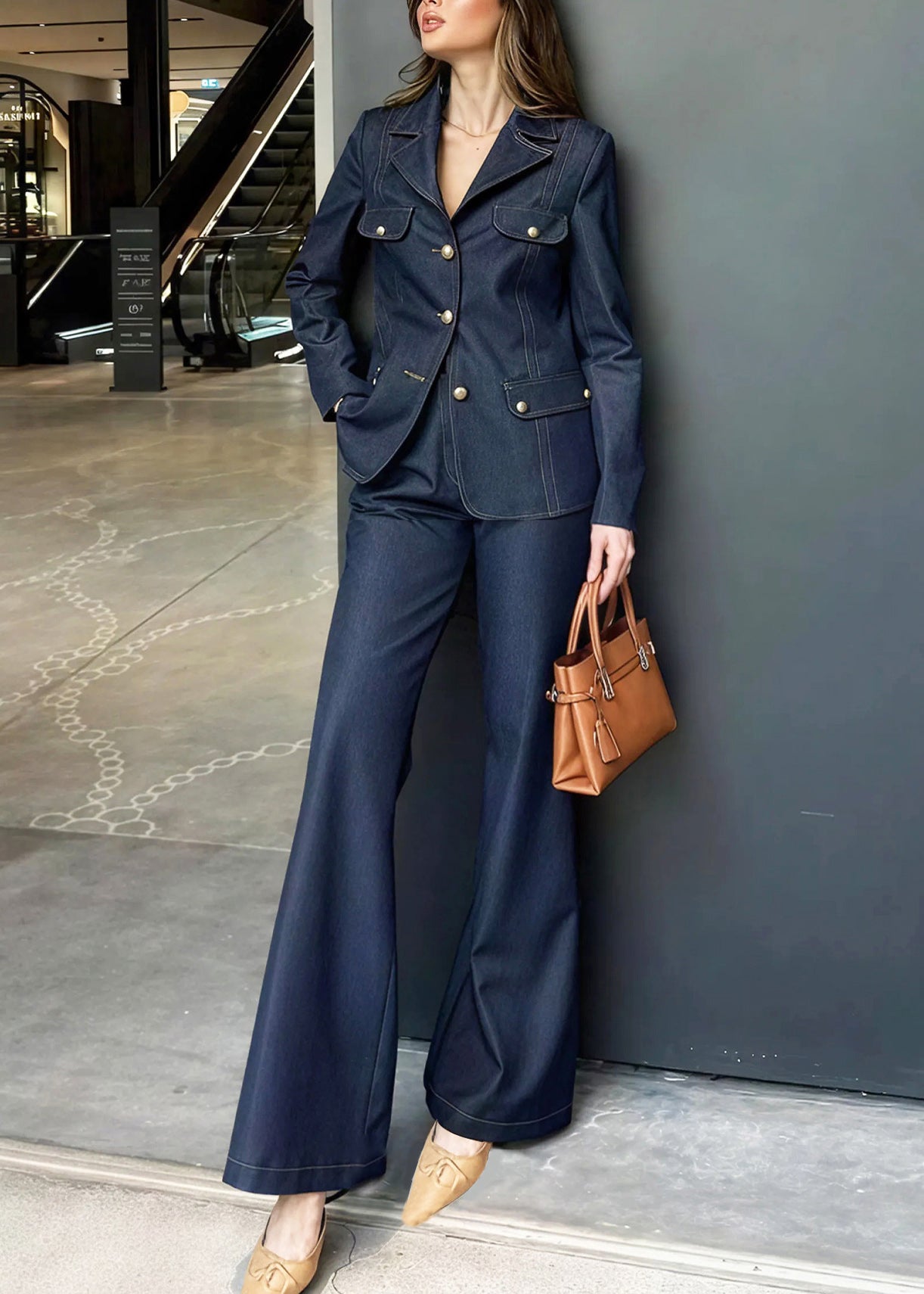 American Style Blue Coat and Pants Denim Two Pieces Set Fall