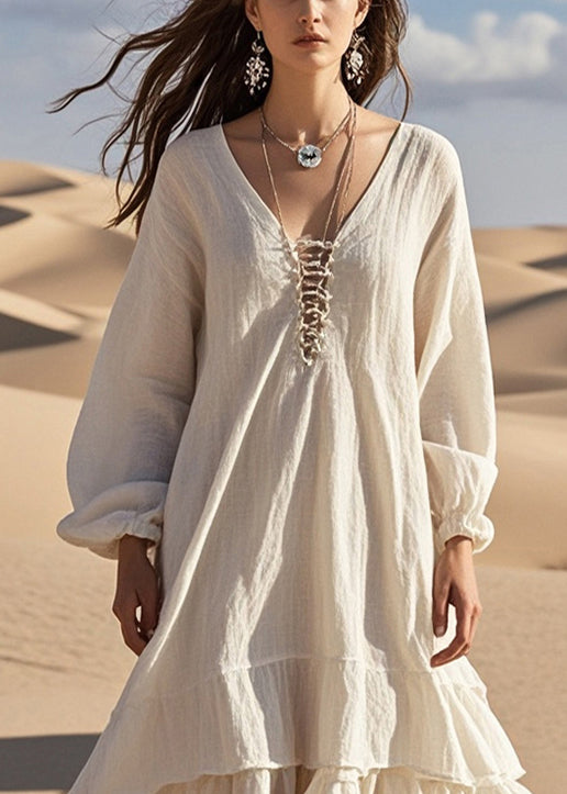 White Oversized Ruffles Cotton Long Dress Fall