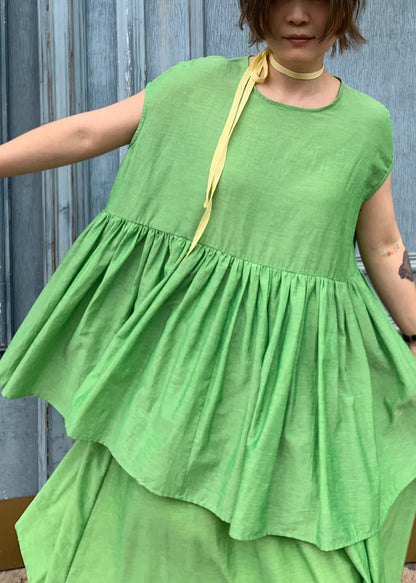 Loose Green O-neck Wrinkled Cotton Shirts Summer