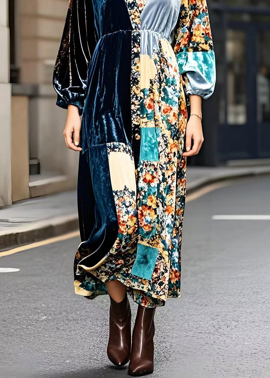 Peacock Blue V Neck Patchwork Print Silk Velour Ankle Dress Fall