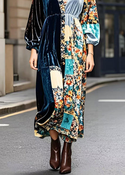 Peacock Blue V Neck Patchwork Print Silk Velour Ankle Dress Fall