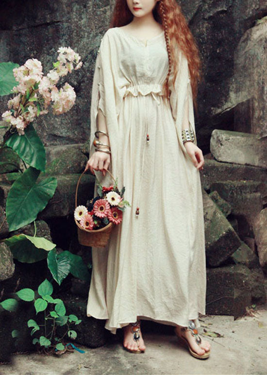 Italian Beige O-neck Tie Waist Silk Cinched Dress Spring