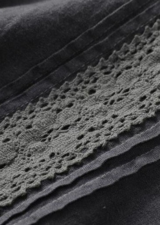 Black Wrinkled Embroideried Patchwork Linen Dress Summer