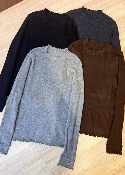 Grey Ruffled Silm Fit Knit Pullover Spring