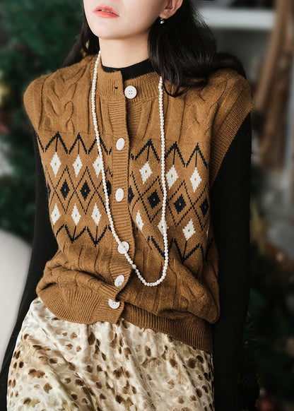 Coffee O Neck Jacquard Button Woolen Vest Sleeveless