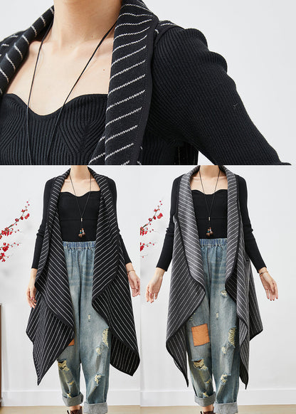 Black Asymmetrical Striped Cotton Long Vest Fall