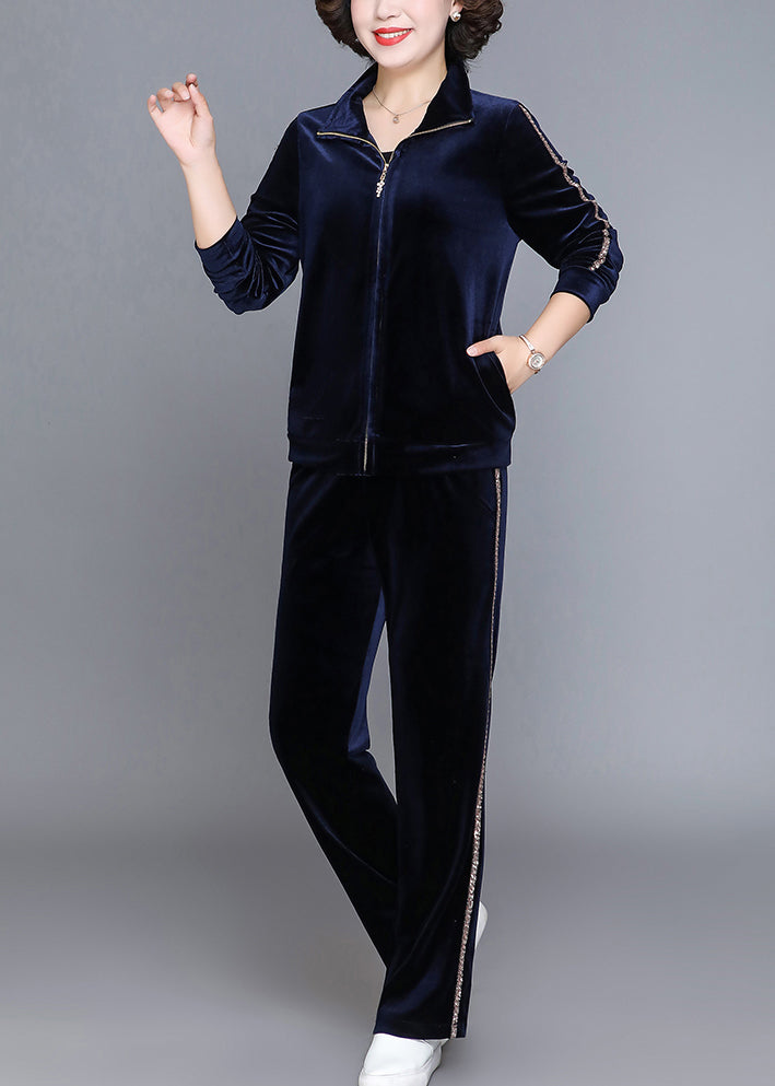 Handmade Wine Red Stand Collar Zippered Silk Velour Coats and Straight Pants Two Piece Set Fall