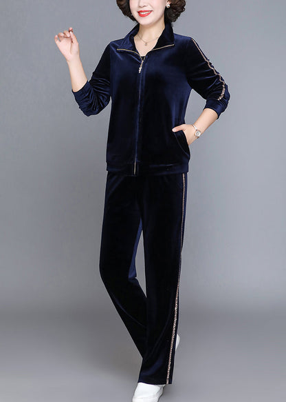 Handmade Wine Red Stand Collar Zippered Silk Velour Coats and Straight Pants Two Piece Set Fall