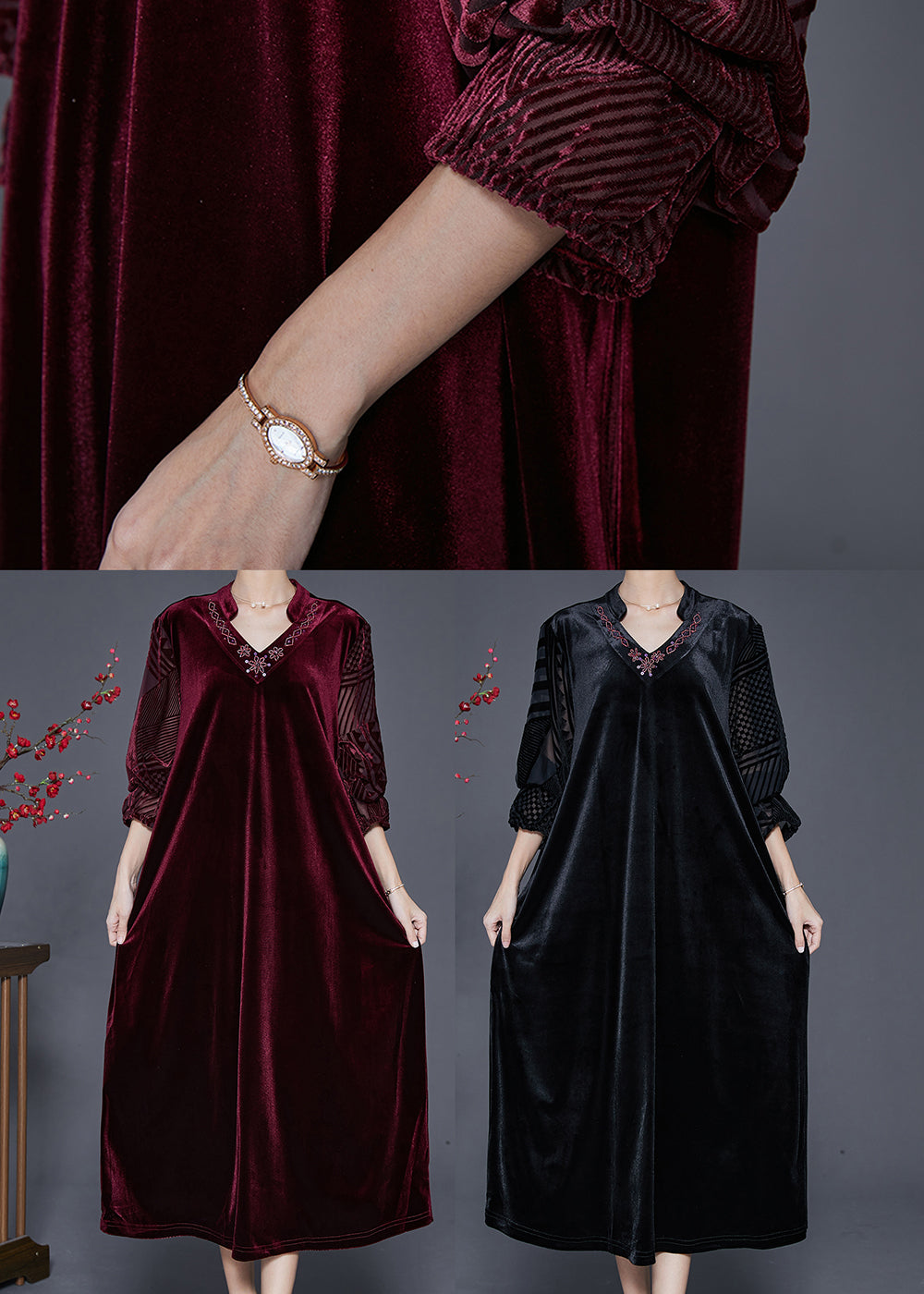 Black Loose Silk Velour Dress V Neck Embroideried Fall