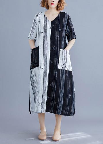 White Print V Neck Turn-down Collar Summer Maxi Dress