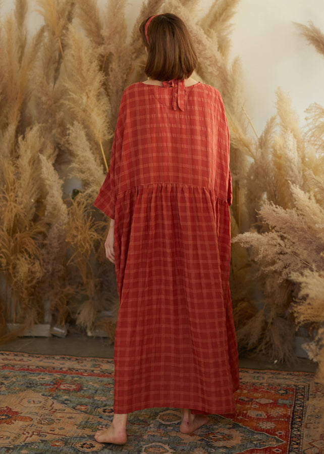 Orange O Neck Plaid Wrinkled Patchwork Cotton Maxi Dresses Fall