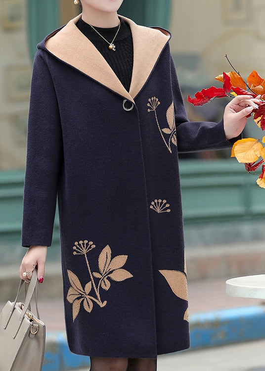 Navy Jacquard Zircon Hooded Woolen Coat Spring