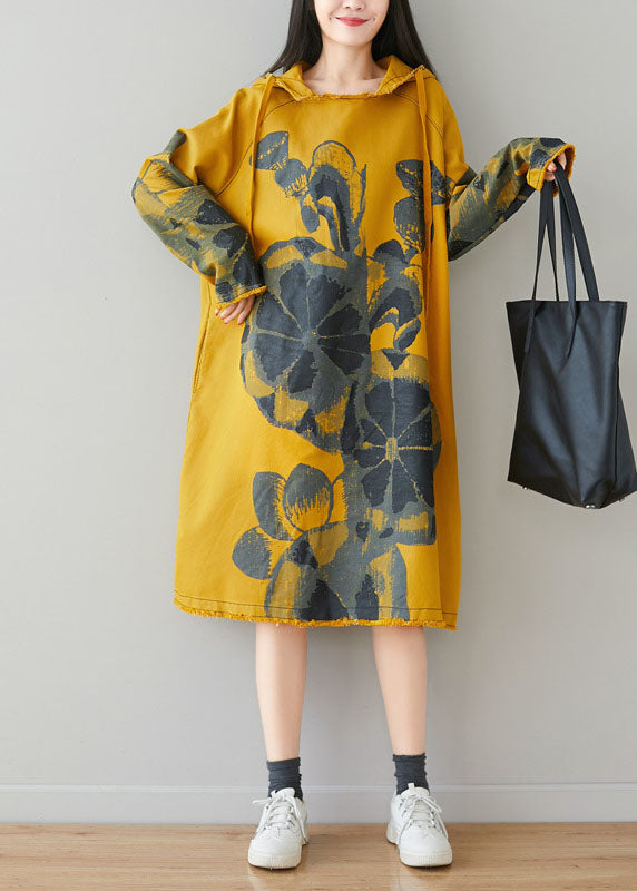 Fine Yellow Drawstring Hooded Print Pullover Dresses Spring