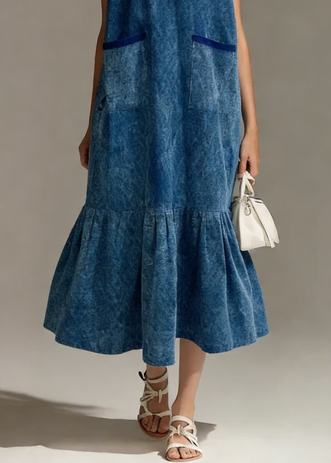 Blue Pockets Wrinkled Denim Long Dress V Neck Summer