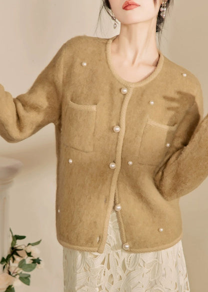 Yellow O Neck Pockets Button Woolen Coat Fall