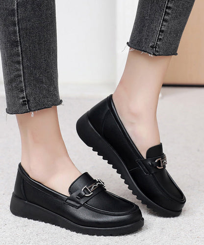Black Cowhide Leather Splicing Flat Feet Shoes