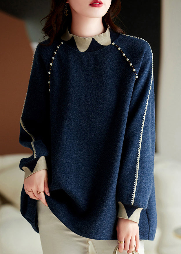 Navy Nail Bead Thick Patchwork Woolen Knitted Tops Winter