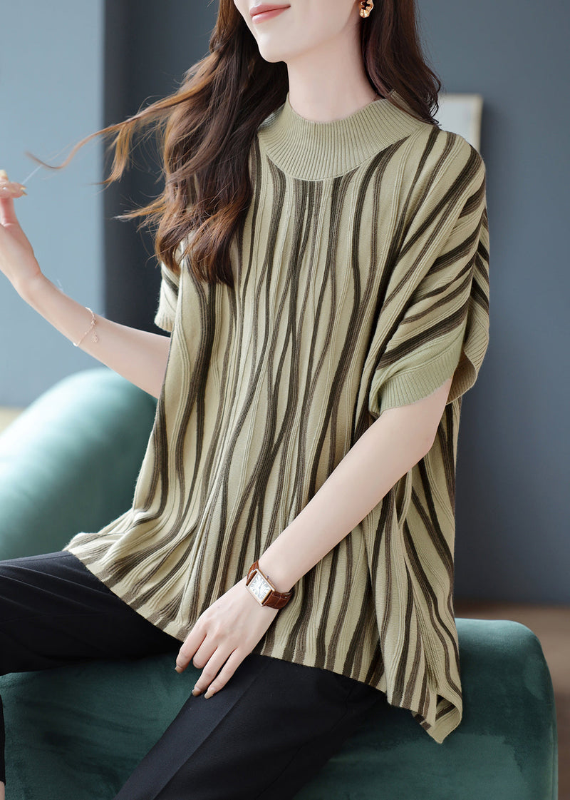 Novelty Khaki O-neck Striped Patchwork Cozy Knit Sweaters Fall