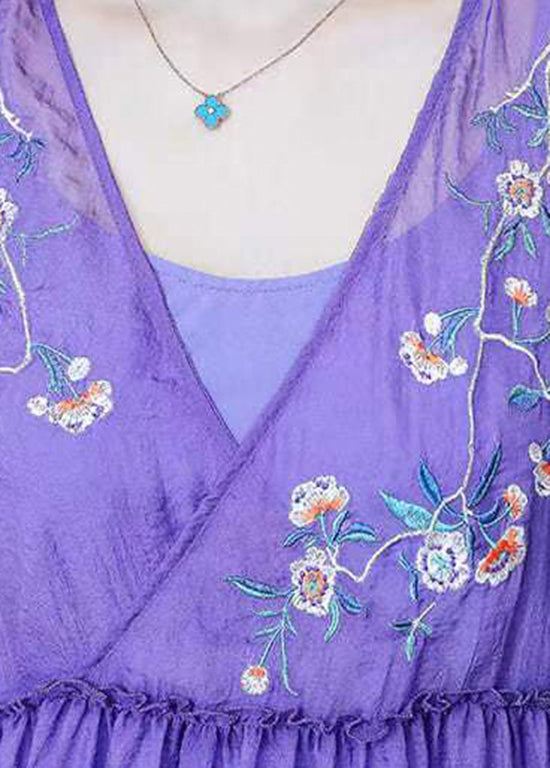 Loose Purple V Neck Embroidered Wrinkled Patchwork Chiffon Dress Summer