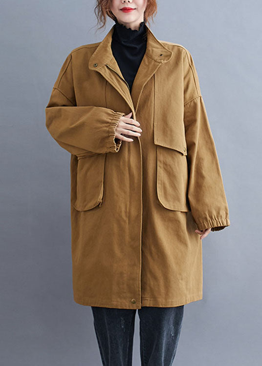 Khaki Zip Up Pockets Cotton Spring Coat