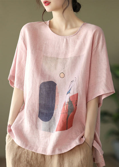 Pink Print Loose Linen Tank Tops O-neck Short Sleeve