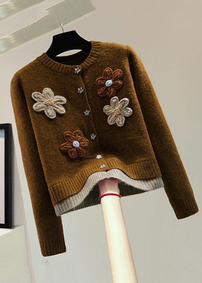 Coffee O-neck Fake Two Pieces Thick Cotton Knit Sweaters Winter