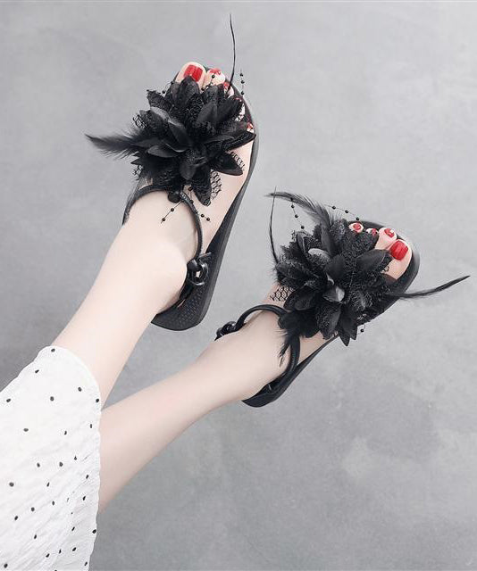 Black Splicing Beach Holiday for Flat Sandals