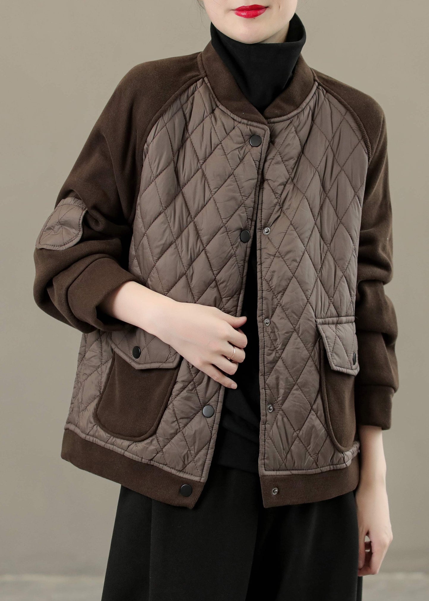 French Coffee O-neck Patchwork Button Thick Coats Long Sleeve