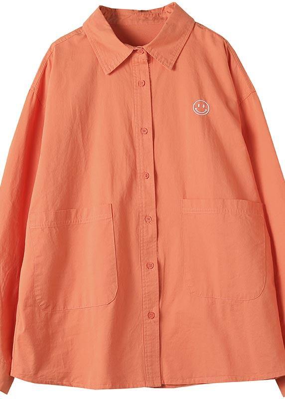 French Lapel Pockets Spring Clothes for Photography Orange Smiling Face Shirts