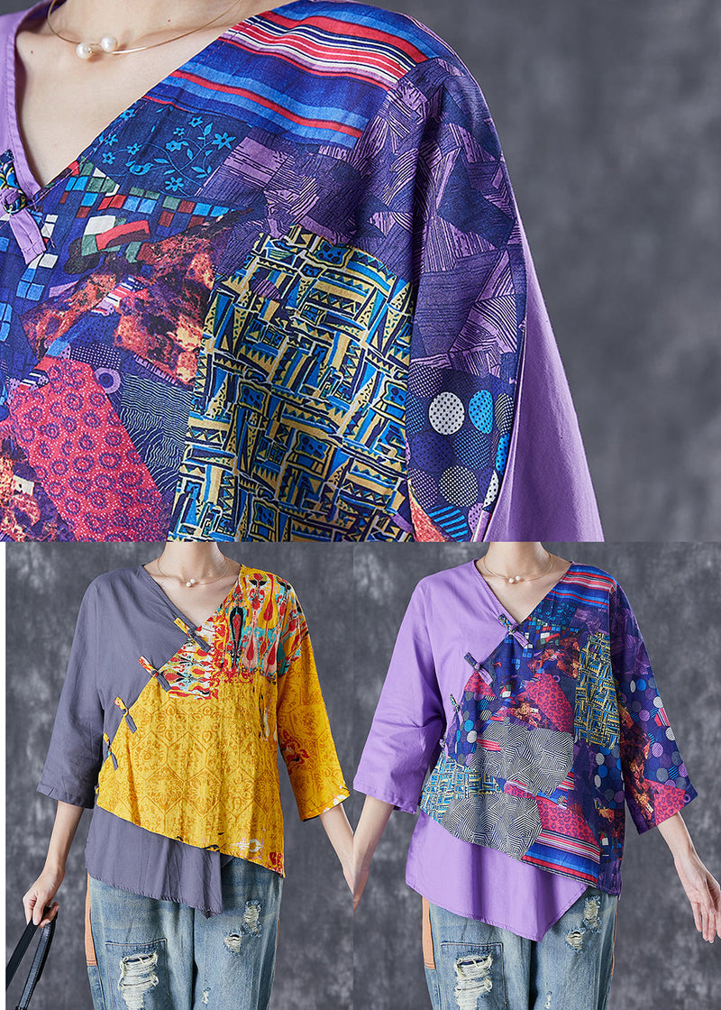 Purple Asymmetrical Print Linen Shirt Tops Summer
