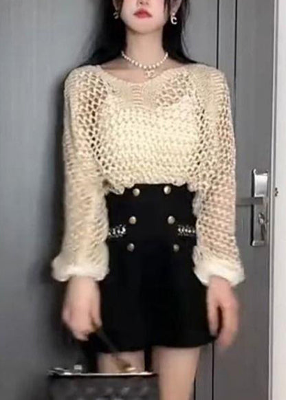 French Black Hollow Out Thin Knit Sweater Batwing Sleeve Fall