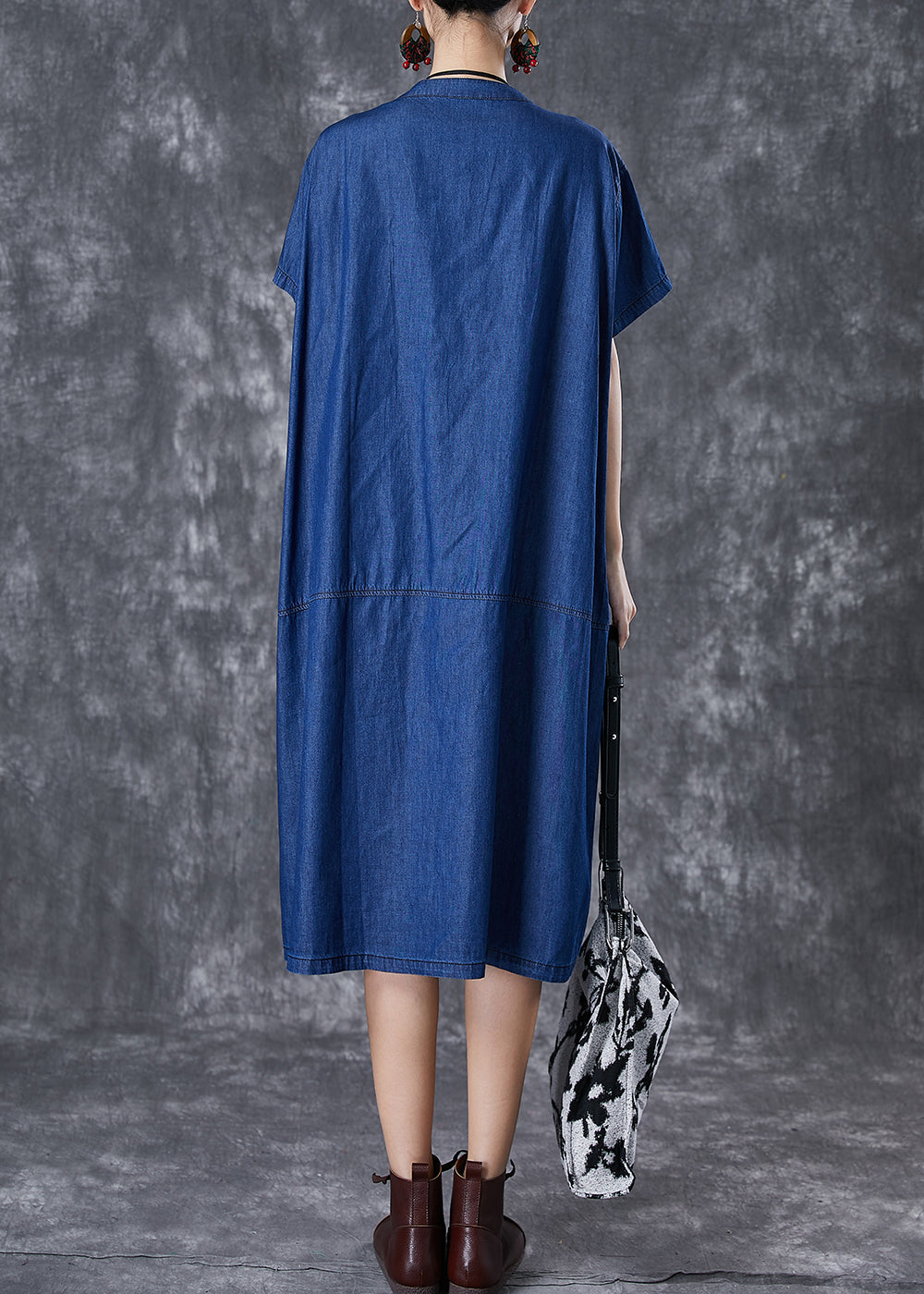 Navy Oversized Patchwork Pockets Denim Maxi Dresses Summer